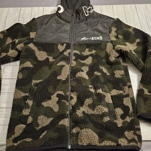 Marc Ecko Men Jacket Small Green Camo Fleece Full Zip Logo Cut & Sew Embroidered